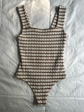 Show Me Your Mumu Striped Brown and Cream Knit bodysuit XS